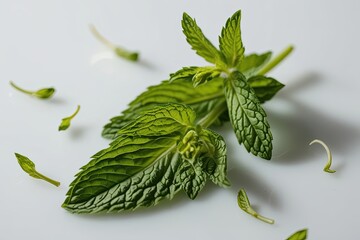 Wall Mural - Isolated Spearmint Petals Floating on White Background with Stunning Depth of Field