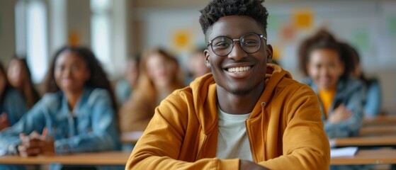 Wall Mural - A diverse classroom with students from different backgrounds, focusing on a happy African American man in a yellow hoodie and glasses at a desk with a keyboard, surrounded by students.