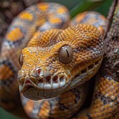 Wall Mural - python snake coiled on tree, closeup view of scales and predator features, exotic reptile in wild fo