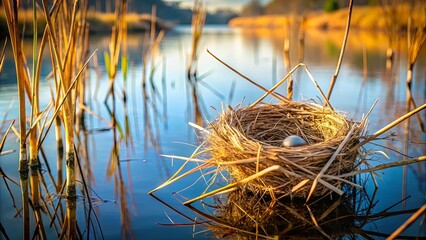 Poster - Close-up shot of a bird's nest perched on a dry grass stalk with serene water in the background