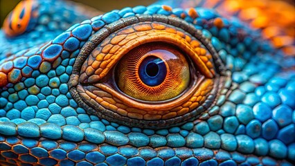 Close up shot of a vivid blue and orange lizard eye with two similar eyes in the background