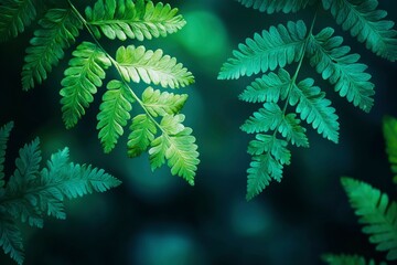 Wall Mural - Lush Green Fern Fronds Against a Dark Background