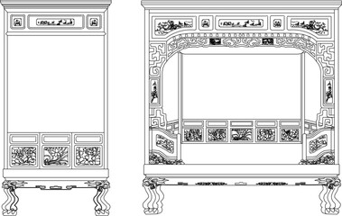 Wall Mural - Vector sketch illustration of the silhouette of a furniture design, table, chair, cupboard, full of ornate ornaments, vintage classic ethnic traditional Chinese carvings