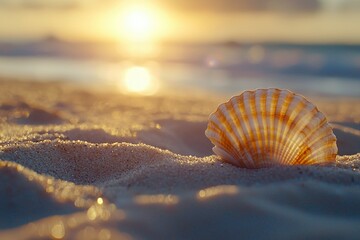 Sticker - Seashell on Sandy Beach at Sunset