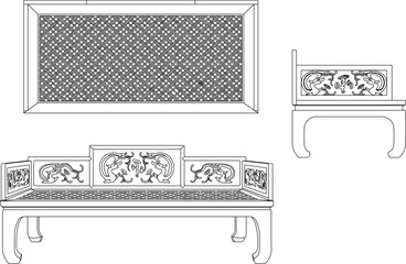 Poster - Vector sketch illustration of the silhouette of a furniture design, table, chair, cupboard, full of ornate ornaments, vintage classic ethnic traditional Chinese carvings