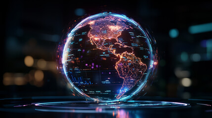 Poster - Abstract digital globe with futuristic light patterns, representing global data and technology. hologram