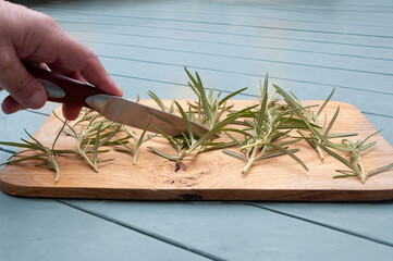 chopping rosemary for cooking with a paring knife