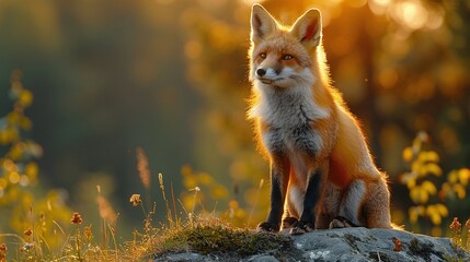 Wall Mural - vulpes vulpes red fox hunting in forest meadow, orange fur coat wildlife predator in nature, wild an