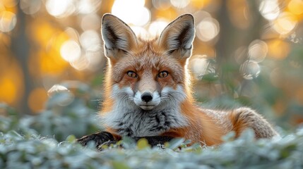 Wall Mural - red fox hunting in green meadow, vulpes vulpes wildlife predator in forest habitat, orange fur coat 