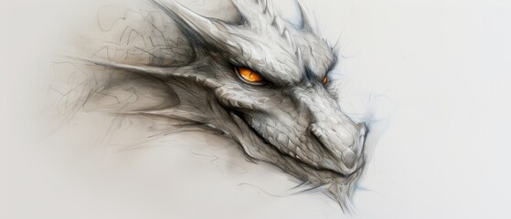 Wall Mural -  A dragon head drawing in orange on a white backdrop, featuring a shadow beneath it