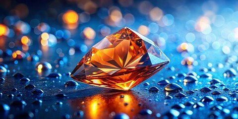 A close-up shot of a glistening orange diamond on a blue background with water droplets