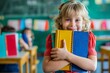 © S - Joyful child leaning pile of colorful books full of happiness. Playful student smiling colorful books lively classroom. Playful spirit learning environment.