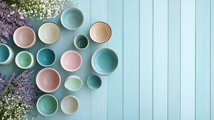 4. Array of cups in different materials such as porcelain, glass, and metal, displayed on a light grey wooden floor with a soft blue and gradient pastel background, and enhanced by a lavender