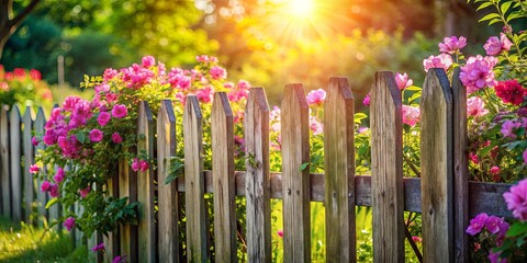 Poster - Rustic wooden fence with blooming pink flowers in a bright sunlit garden