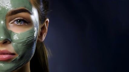 Healing clay on the face of a young woman. Face of a beautiful girl with a cosmetic mask, close-up on a black background. Concept: facial care, cosmetology, rejuvenation.