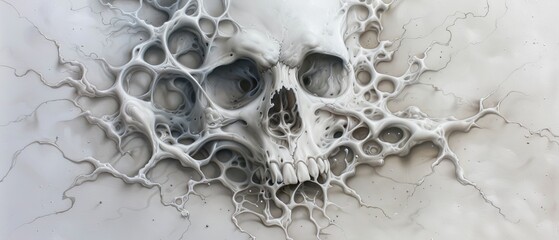  A tight shot of a skull adorned with numerous holes in its center, alongside a wall sporting a single hole in the same location