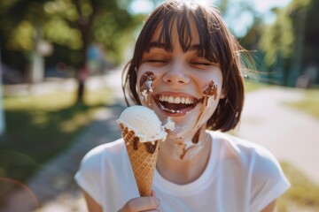 Youthful girl trendy black hair smiling candid moment. Child savors each bite of their ice cream cone.  Simple pleasures of youthful moments vibrant backdrop.