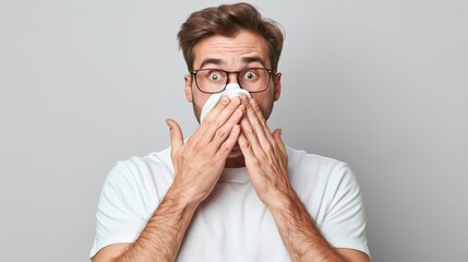 surprised man covering mouth with hands, shocked expression isolated on gray background, copy space for emotional reaction and anxious moment, nervous male