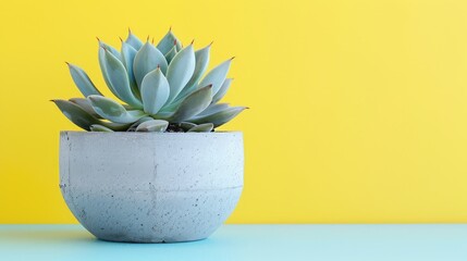 Wall Mural - Minimal succulent garden in concrete pot with yellow banner. Shop header for text and design with contrasting colors, popular in blogging.