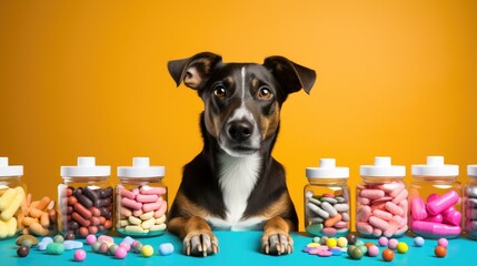 A cute dog with big brown eyes sits on a blue surface with jars of colorful pills. The dog is looking at the camera with a curious expression.