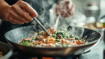 Close-up of a chef's hands cooking greens and vegetables in a hot pan with rising steam, capturing the essence of a fresh, healthy, and delicious cooking process in action.