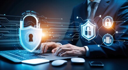 the importance of cyber security and digital protection in the modern business landscape. Use futuristic and sleek technology designs to convey a sense of advanced protection and security	