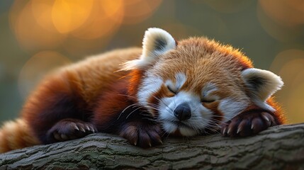 Wall Mural - red panda sitting on a branch in forest habitat, cute furry animal in nature, wild climbing mammal i