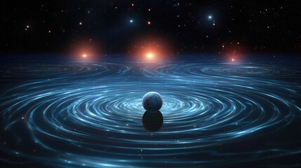 A lone planet floats in the vast expanse of space, surrounded by swirling rings of light.