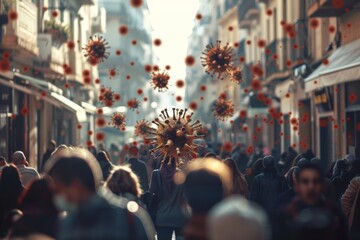 Focus hovering virus causing visible worry crowd. Amidst people virus's presence creates oppressive surreal scene. Virus symbolizes unseen threats lurking busy urban environments.