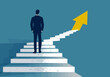 © Perfect Vector - Businessman Observing Career Growth Path with Staircase Arrows, Business Success Concept, Minimalistic Vector Illustration, Inspirational Professional Advancement, Climbing Corporate Ladder