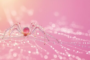 Poster - Pink Spider with Dew Drops on a Web