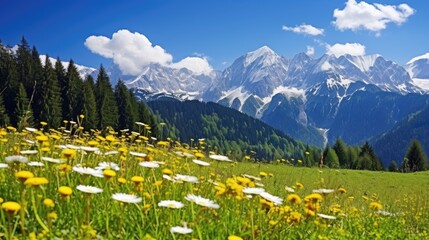 Wall Mural - A stunning view of a mountain range with snow-capped peaks, framed by a lush green meadow filled with wildflowers.