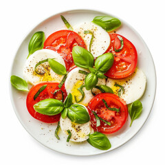 Fresh caprese salad with ripe tomatoes, mozzarella cheese, and basil on a white plate, top view