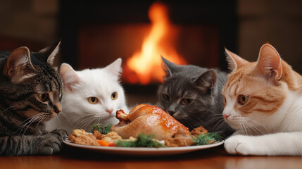 A group of cats sharing a small turkey feast on the floor, with a warm fireplace in the background, Thanksgiving for pets, Cozy feline gathering.