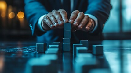 A businessman builds a tower of wooden blocks on his desk, symbolizing strategy and planning.