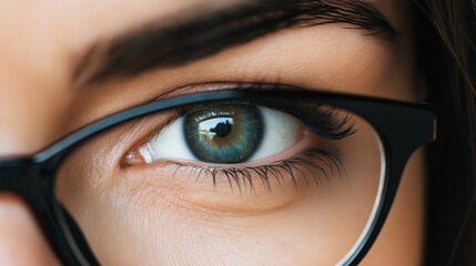 A vivid close-up reveals a person's eye adorned with fashionable glasses, showcasing the intricate textures of the iris and eyelashes in bright, natural light