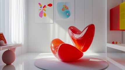 A striking red modern chair is placed in a minimalist white room, illuminated by natural light from a nearby window. Abstract art on the walls adds a touch of creativity to the clean and contemporary