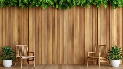 This inviting interior showcases a warm wooden wall adorned with lush green plants, complemented by two stylish chairs, ideal for a casual gathering or quiet retreat