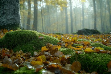 Poster - Mossy Forest Floor with Fallen Autumn Leaves