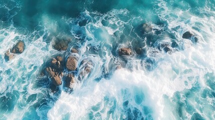 An aerial view of the ocean with white foamy waves crashing against the rocks.