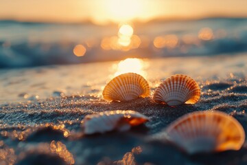 Canvas Print - Seashells on a Sandy Beach at Sunset