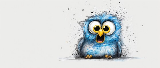  A blue bird drawing with large eyes, expressing surprise, gapes wide-mouthed