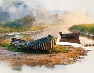 Wall Mural - Artistic Watercolor  painting of an arid riverbed with forgotten wooden fishing boats