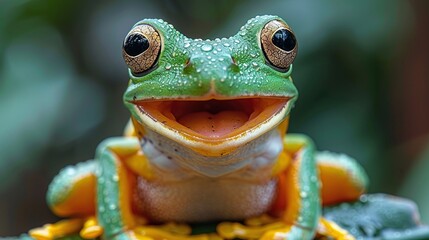 flying frog with a funny laughing expression, cute tree frog in tropical rainforest, exotic amphibian climbing on a branch, wildlife frog enjoying natural jungle habitat