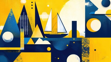 Digital nomad lifestyle illustration in yellow and navy colors
