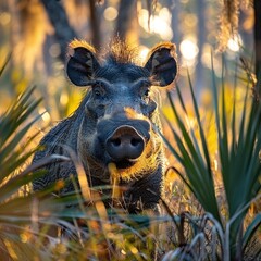 Wall Mural - african warthog in a forest closeup highlighting its tusks and wild nature perfect for wildlife phot