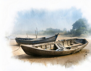 Wall Mural - Artistic Watercolor painting of an arid riverbed with forgotten wooden fishing boats