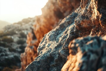 Wall Mural - Close-up of Rough, Gray Rock Formation in Golden Light