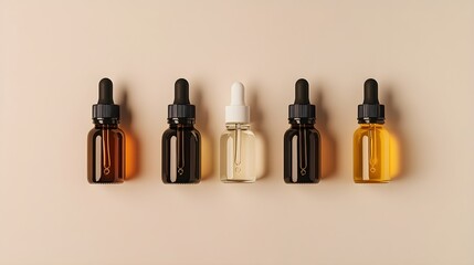 A minimalist arrangement of beauty oils in dropper bottles, featuring a light solid color backdrop that emphasizes the products