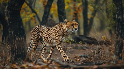 Wall Mural - wild african cheetah walking through the forest alone, highlighting the predator’s solitary nature a